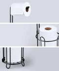 Close-up of freestanding toilet paper holder stand and dispenser for bathroom storage holds four rolls metal wire black finish no fuss design.