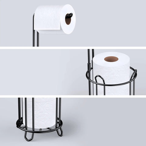 Close-up of freestanding toilet paper holder stand and dispenser for bathroom storage holds four rolls metal wire black finish no fuss design.
