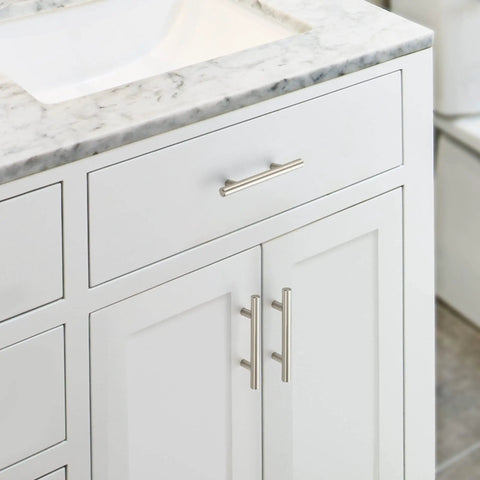Six Pack 5 Inch Cabinet Pulls With 3 Inch Hole Centers Stainless Steel Drawer Handles on white kitchen cupboard