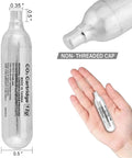 50 Pack 12g CO2 Cartridges for Airsoft, Pellet Guns, and BB Guns, Pro Grade CO2 Cylinders with dimensions and hand size comparison.
