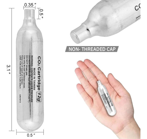 50 Pack 12g CO2 Cartridges for Airsoft, Pellet Guns, and BB Guns, Pro Grade CO2 Cylinders with dimensions and hand size comparison.