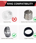 10 Piece PEX Swivel Adapter Fittings Half Inch PEX To Half Inch Female NPT Brass Crimp Lead Free For PEX Tubing Systems Great For DIY Home Plumbing Works With Stainless Steel Clamp And Copper Crimp Rings ASTM F1807 NSF Certified ring compatibility chart with expansion ring, stainless steel press sleeve, cinch ring, and copper crimp ring