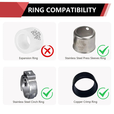 10 Piece PEX Swivel Adapter Fittings Half Inch PEX To Half Inch Female NPT Brass Crimp Lead Free For PEX Tubing Systems Great For DIY Home Plumbing Works With Stainless Steel Clamp And Copper Crimp Rings ASTM F1807 NSF Certified ring compatibility chart with expansion ring, stainless steel press sleeve, cinch ring, and copper crimp ring