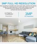 3MP HD resolution showcasing living room with sofa and kitchen, Light Bulb Security Camera 2K 4MP Outdoor Waterproof with 360 Degree View.