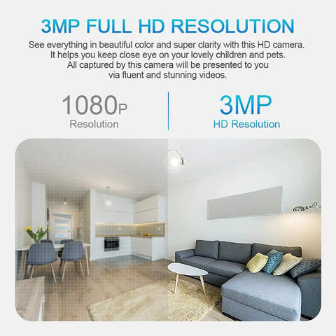 3MP HD resolution showcasing living room with sofa and kitchen, Light Bulb Security Camera 2K 4MP Outdoor Waterproof with 360 Degree View.