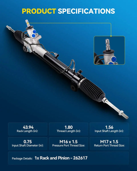 Drop In Rack And Pinion Steering Assembly Replacement Direct Fit For 2004 2007 Toyota Highlander Base Limited Sport 2007 2009 Lexus RX350 And 2004 2006 RX330 With Hydraulic Power OE 262617, showing product specifications and close-up details.