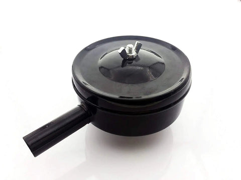 Air Compressor Silencer Three Quarter Inch NPT Pipe Thread And Twenty Six Millimeter Male Thread Five Inch Diameter Inlet Muffler Plus Beefy Air Filter Element Heavy Duty Metal Sound Reduction Unit For Quiet Performance showing top view