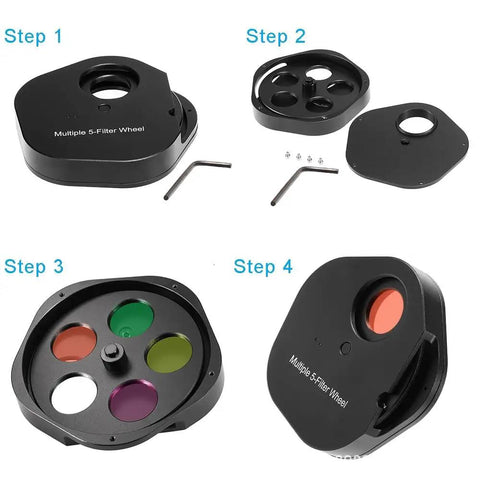 Installation steps of Five Position One Point Two Five Inch Filter Wheel For Telescope with Manual Drawer and Lock Ring.