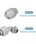 Heavy Duty 100 Pack Of 3/4 Inch NPT Liquid Tight Connectors For PVC Electrical Conduit Fittings featuring straight and elbow connectors.