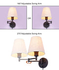 7 Inch Plug In Wall Sconce With Dimmable Stepless Brightness Fabric Linen Shade showing 180° and 270° adjustable swing arms