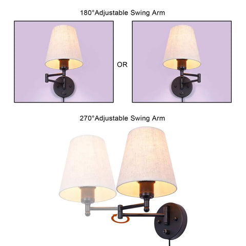 7 Inch Plug In Wall Sconce With Dimmable Stepless Brightness Fabric Linen Shade showing 180° and 270° adjustable swing arms