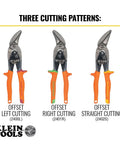 Three types of offset tin snips for sheet metal, including left-cutting, right-cutting, and straight-cutting with orange handles.