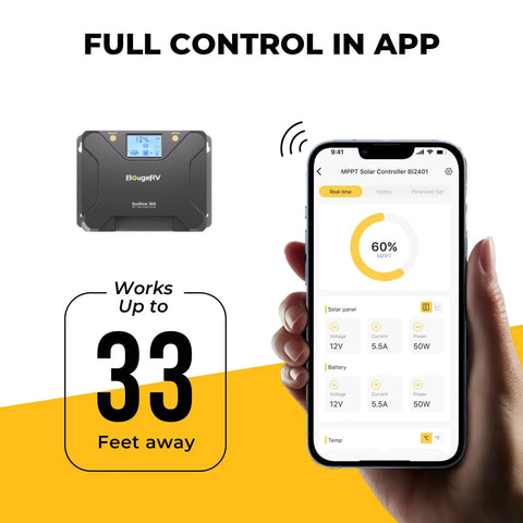 30A MPPT Solar Charge Controller With Low Temp Cutoff App Control And Backlit LCD shown with smartphone app interface.
