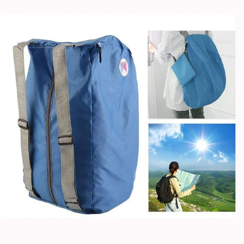 Lightweight Packable Hiking Daypack For Travel Camping And Cycling Foldable Canvas Bag With Durable Construction Spacious Capacity And Comfortable Hand Feel Your Go To Outdoor Companion in use during a hike with blue skies.