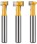 Top Shelf Kickass Keyhole Router Bit Set includes 3 pieces with yellow handles and steel shanks for woodworking projects.
