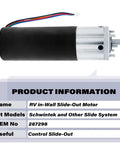 RV In Wall Slide Out Motor Kit 12V DC Heavy Duty With 500 To 1 High Torque Gear Ratio showing motor details and specs