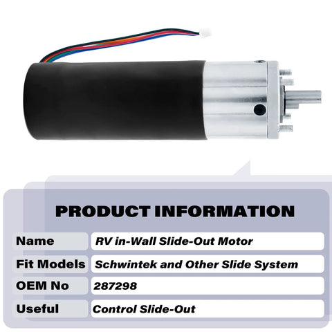 RV In Wall Slide Out Motor Kit 12V DC Heavy Duty With 500 To 1 High Torque Gear Ratio showing motor details and specs