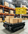 Ultra Heavy Duty Electric Transport Dolly With Remote Control For Moving Machinery Safely And Smoothly On Any Job Site Without Breaking A Sweat Today with boxes on top in a warehouse.