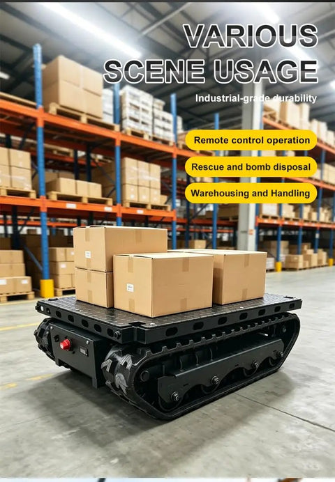 Ultra Heavy Duty Electric Transport Dolly With Remote Control For Moving Machinery Safely And Smoothly On Any Job Site Without Breaking A Sweat Today with boxes on top in a warehouse.