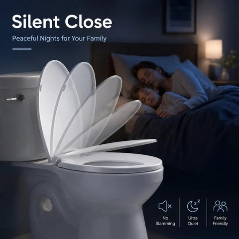 Elongated Toilet Seat Featuring Smooth Slow Close Soft Shut Hinges That Stay Locked Down Tight As A Nail Meanwhile Quieting Those Annoying Lid Slams Crafted From Durable White Plastic For Effortless Oblong Bathroom Updates