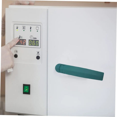 Image of a control panel displaying temperature and timer with a green High Temp Commercial Oven Handle Drying Cabinet Grip Replacement.