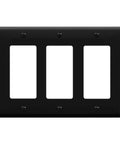 Front view of Durable Decorator Light Switch And Receptacle Wall Plate In Gloss Black 3-Gang 4.50 By 6.38 Inches Built Tough With Unbreakable Polycarbonate Thermoplastic UL Listed 8833-BK.