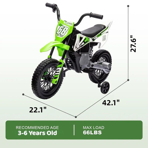 Green Electric Kids Motorcycle With Twist Grip Throttle, 12V Ride On Vehicle For Ages 3 To 6, shown with dimensions