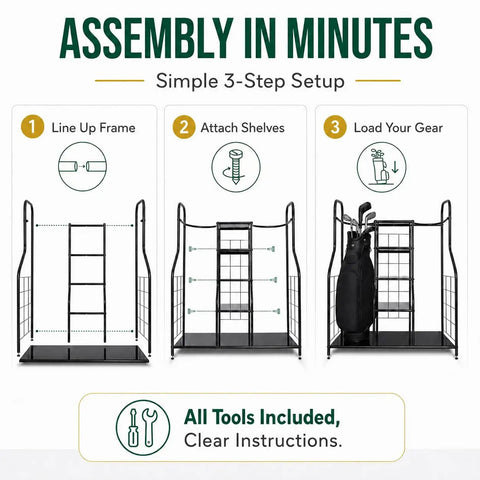 Golf Organizer For Bags And Gear With Adjustable Feet Holds Two Golf Bags And Five Metal Shelves Easy Assembly instructions