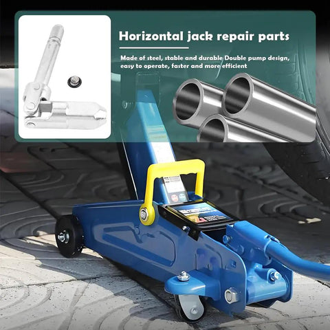 Image of 16mm Universal Joint Drop Shaft With Oil Seal and Steel Ball for Horizontal Floor Jacks next to two metal pipes and jack
