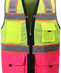 Kickass High Visibility Safety Vest For Women Featuring Extra Thick Reflective Silver Stripes Multiple Storage Pockets Ansi Class 2 Certified Pink Mesh Fabric That Is Super Breathable And Hella Comfortable For All Day Construction Jobs.