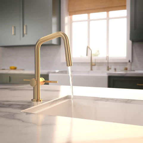 hansgrohe Talis N Pull Down Kitchen Faucet, Modern, Magnetic Hand Sprayer, 1-Handle, 1.75 GPM, Brushed Bronze, water flowing into a sink.