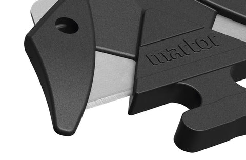 Close-up of Concealed Blade Safety Cutter with black ergonomic handle and blade detail.