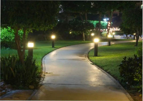 Pathway illuminated by low voltage landscape LED light bulb 12V T5 T10 wedge base replacement for garden path deck walkway lawn lighting.