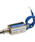 24V DC Linear Actuator Solenoid With 10mm Stroke And 5N Force Open Frame Electromagnet For DIY Projects Reliable And Compact Motion Control For Robotics And Automation Easy Mount And High Performance, open-frame metal body with blue wire leads