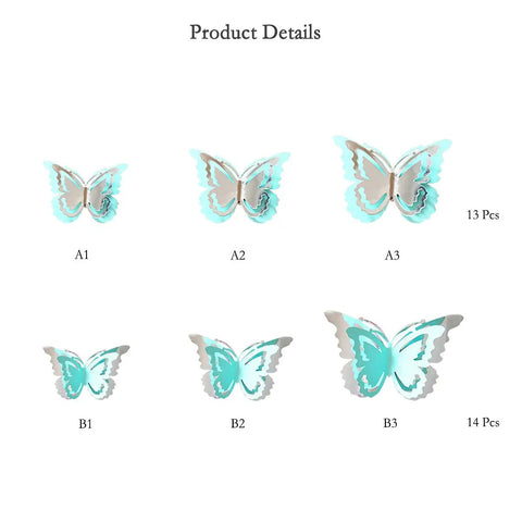 Silver Blue Teal Butterfly Wall Decals Set 27 Pieces 3D Glitter Butterflies Wall Art For Living Room Nursery Baby Room Bedroom Wedding Decor Removable Murals Home Decor image of butterfly sizes and patterns.