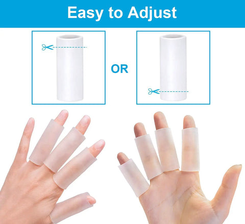 Gel Finger Sleeves 8 Pack For Arthritis And Trigger Finger Pain Silicone Thumb Tubes shown on hands for ease of cutting.
