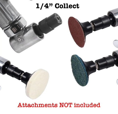 Right Angle Air Die Grinder, 22000Rpm Pneumatic Tool With 1/4 Inch Chuck And Flow Regulator, showing various attachments for polishing.
