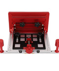 Heavy Duty Adjustable Table Saw Push Block With No Slip Vertical Grip Aluminum Alloy Featherboard Backer Anti Kickback Guard, top view.