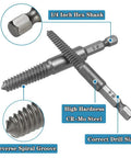 Close-up of 11 Piece Stripped Screw Extractor Set With Left Hand Drill Bits And Bolt Extractors For Removing Damaged Screws Bolts And Studs Quick Change Adapter Included Hex Shank Beast DIY Ready showing reverse spiral groove and CR-Mo steel.