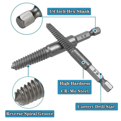 Close-up of 11 Piece Stripped Screw Extractor Set With Left Hand Drill Bits And Bolt Extractors For Removing Damaged Screws Bolts And Studs Quick Change Adapter Included Hex Shank Beast DIY Ready showing reverse spiral groove and CR-Mo steel.