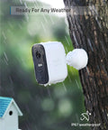 Two Camera Wireless Outdoor Security Kit, 1080p HD, IP67 Weatherproof, Night Vision, Motion Alerts, HomeKit Compatible, No Monthly Fee, Simple Setup, Real Talk Home Security That Keeps You In The Loop installed on tree in rain