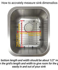 Top view of stainless steel sink with grid showing measurements for Stainless Steel Sink Grid Protector For Kitchen Sink 11 3/4 By 13 7/8 Inches Center Drain 304 Food Grade Stainless Heavy Duty And Sturdy With Rubber Feet And Bumpers For Scratch Free Dishwashing.