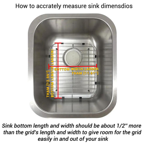 Top view of stainless steel sink with grid showing measurements for Stainless Steel Sink Grid Protector For Kitchen Sink 11 3/4 By 13 7/8 Inches Center Drain 304 Food Grade Stainless Heavy Duty And Sturdy With Rubber Feet And Bumpers For Scratch Free Dishwashing.