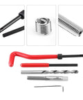 Helicoil Thread Repair Kit For M8 X 1.25 And SAE Threads with HSS drill, steel inserts, and auto repair tools displayed.