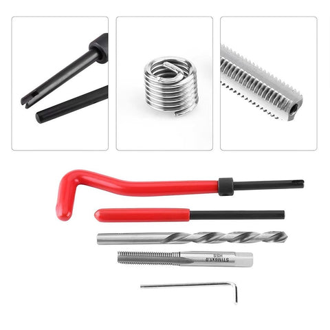 Helicoil Thread Repair Kit For M8 X 1.25 And SAE Threads with HSS drill, steel inserts, and auto repair tools displayed.