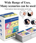 Front view of lens cleaning wipes box with multicolor design and stack of individual sachets for glasses and device screens