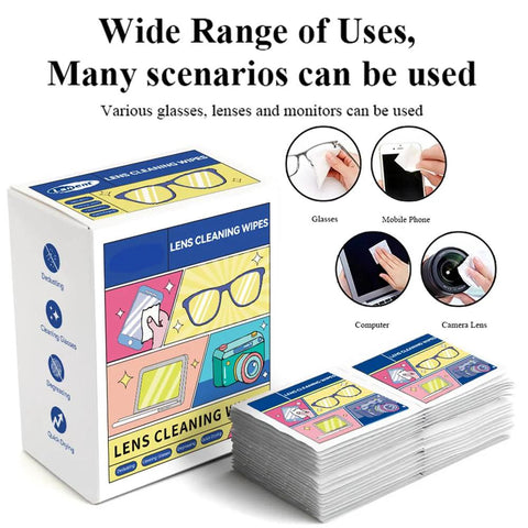 Front view of lens cleaning wipes box with multicolor design and stack of individual sachets for glasses and device screens