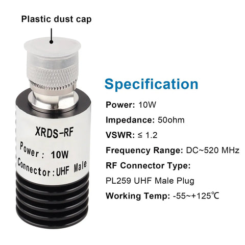 Product image of Beefy 10W PL259 UHF Male RF Dummy Load 50 Ohm For RF Testing From DC To 520 MHz with detailed specifications shown.