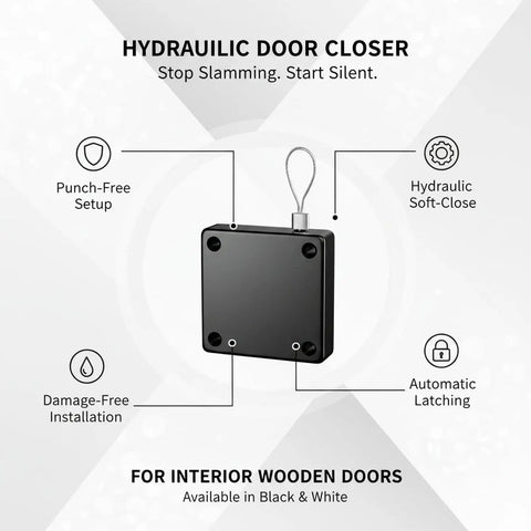 Hydraulic Door Closer For Interior Wood Doors With Adhesive Mounting No Drill Setup Soft Close Damper Silicone Body shown in black