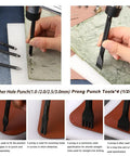 Leather Working Tools Kit For Beginners And Hobbyists, 7 In 1 Stitching Groover Awl Set, punching leather with prong punch tool.